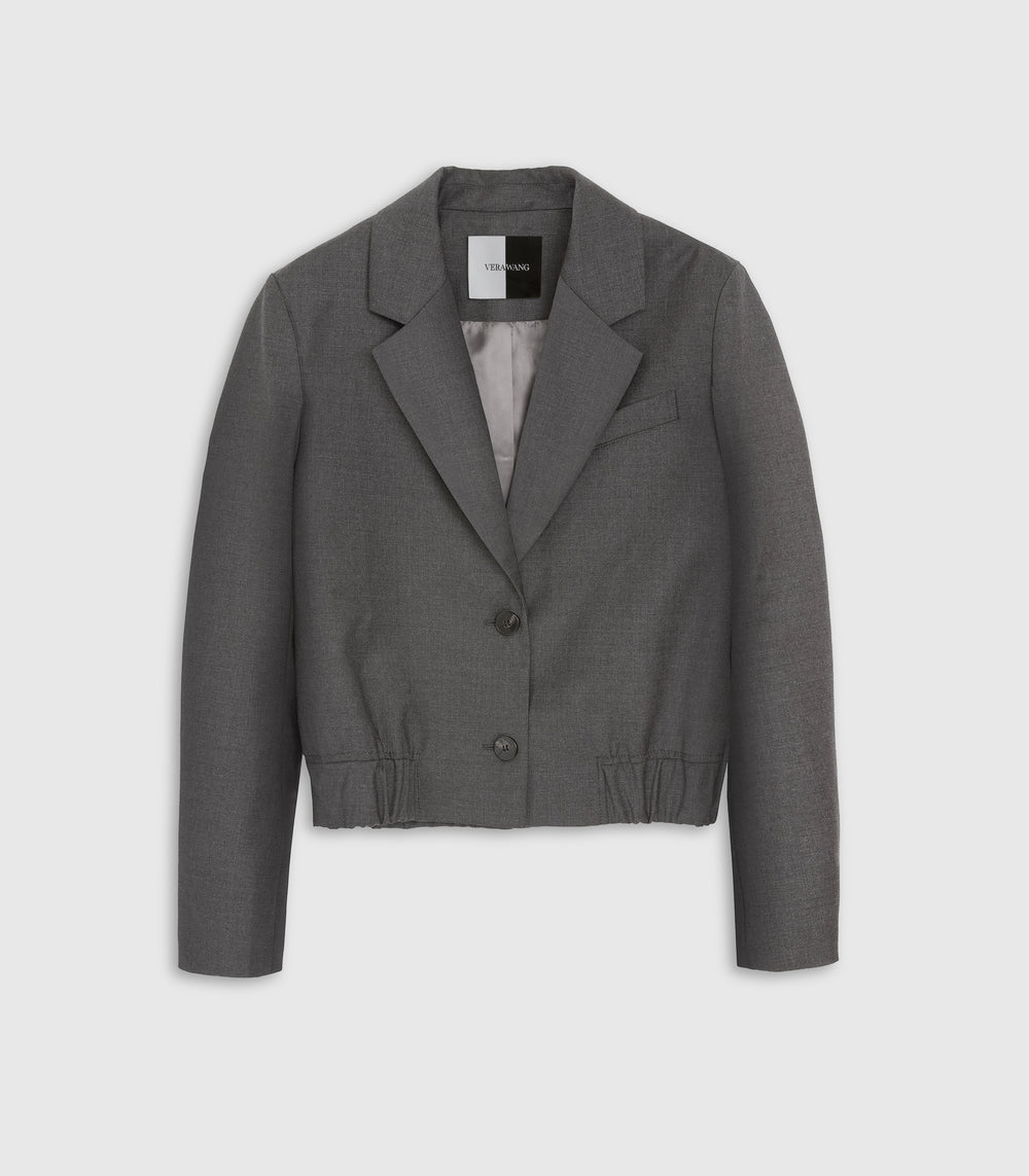 A cropped gray blazer with notched lapels and a two-button front closure, displayed flat against a light gray background.