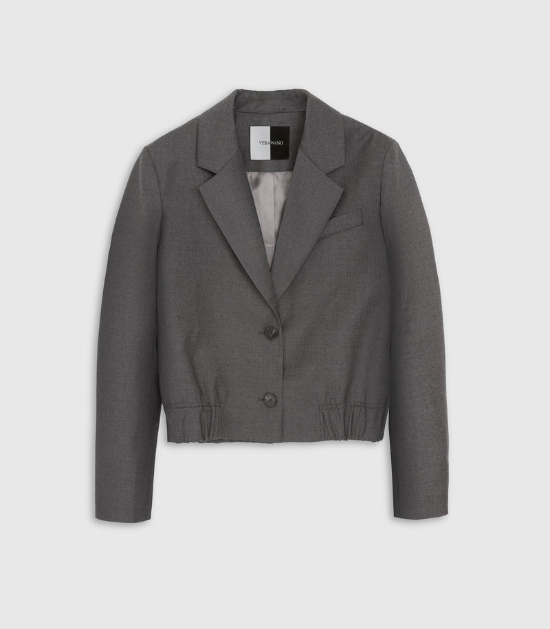 A cropped gray blazer with notched lapels and a two-button front closure, displayed flat against a light gray background.