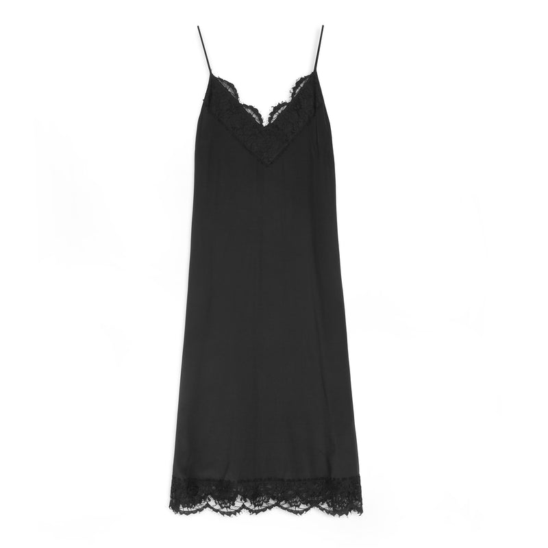 A black slip dress with thin spaghetti straps, a lace-trimmed V-neckline, and a matching lace hem, displayed against a solid white background.