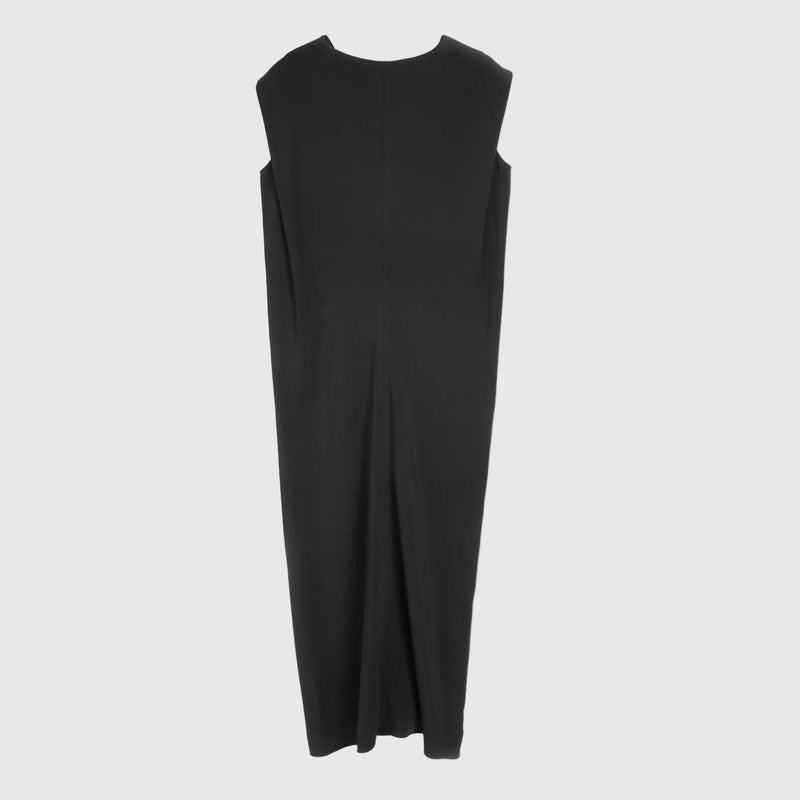 A sleeveless black dress with a crew neck and a front slit, shown from the back against a plain white background.