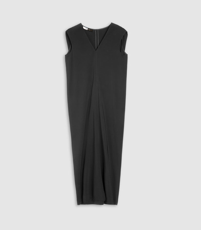 A sleeveless black V-neck dress with a front zipper, displayed flat against a light gray background.