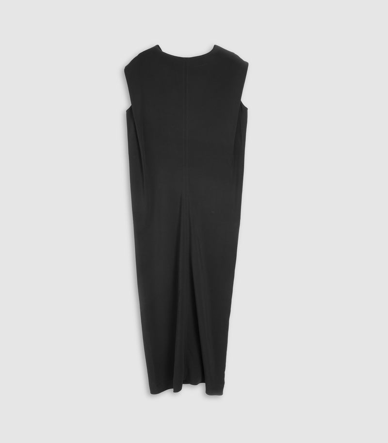 A black sleeveless midi dress with a crew neck and a front slit, shown flat against a light gray background.