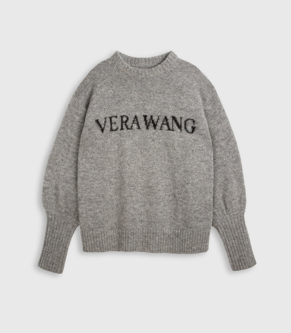 A heather gray knit sweater with 'VERAWANG' embroidered in black across the chest, displayed on a light gray background.
