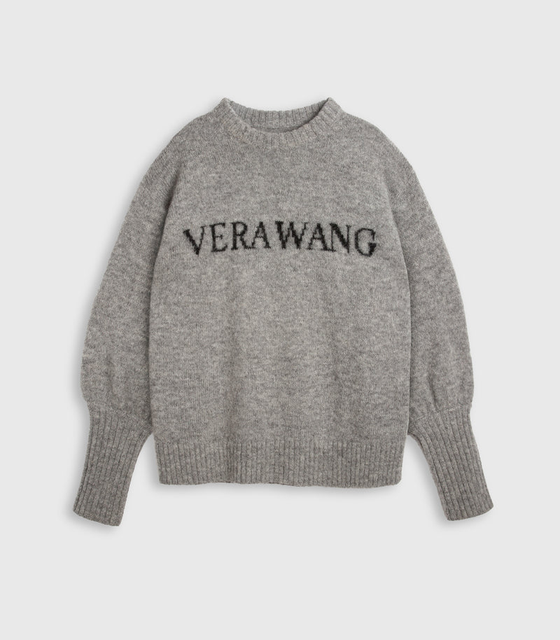 A heather gray knit sweater with 'VERAWANG' embroidered in black across the chest, displayed on a light gray background.