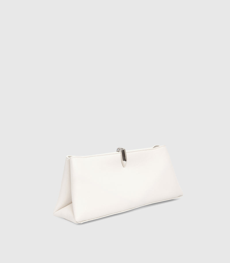 A white leather clutch bag with a silver metal clasp, shown from a side angle on a light gray background.