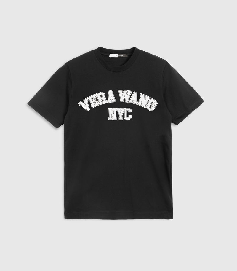 A black t-shirt with 'VERA WANG NYC' spell-out logo across the chest, against a white background.