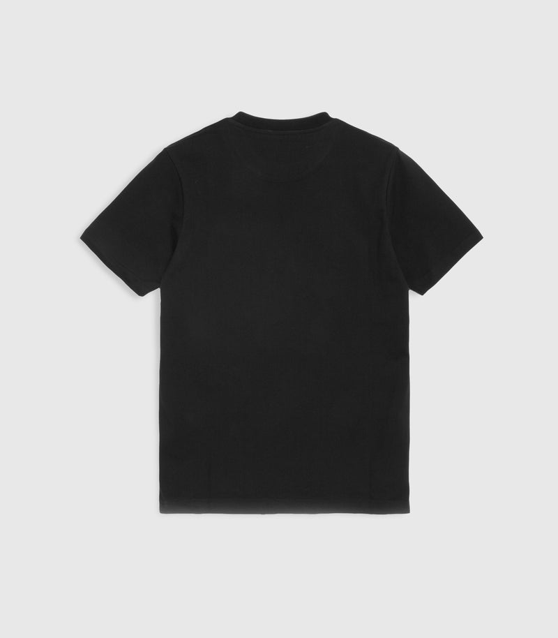 A black t-shirt against a white background.