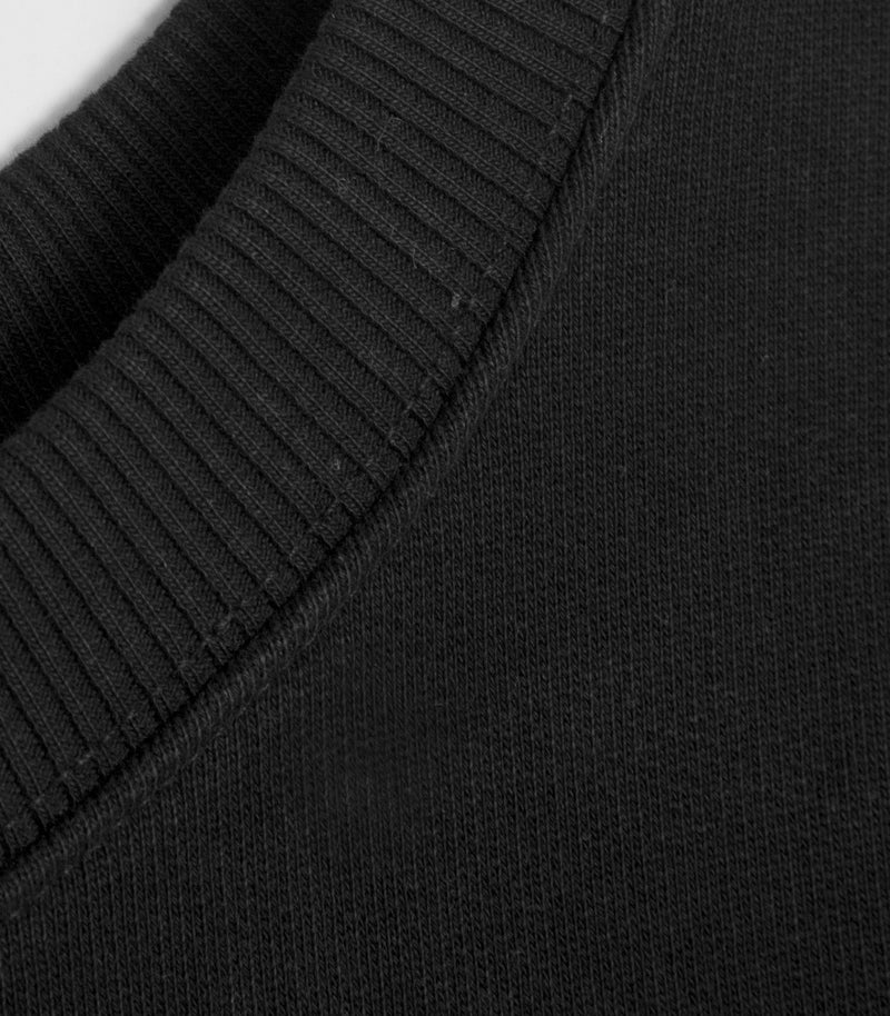 Macro close-up product view of a black crewneck sweatshirt, showcasing the heavy knit loops of the premium cotton fleece fabric, the thick structure of the ribbed collar, and precise tonal stitching along the neckline seam.