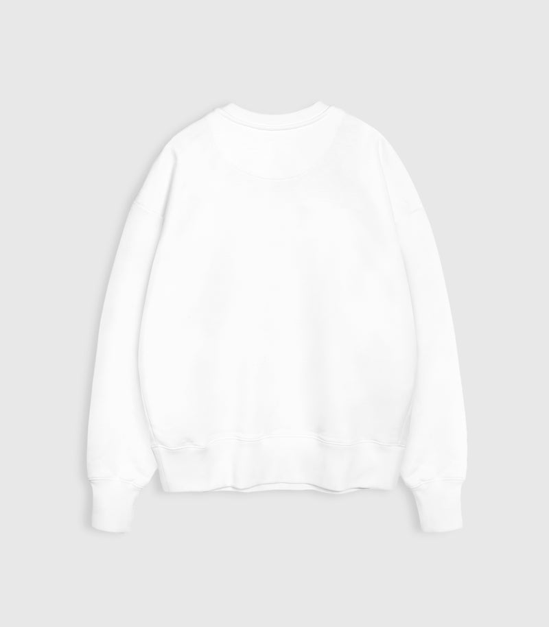 Flat-lay product back view of an oversized white crewneck sweatshirt, complete with ribbed cuffs and hem against a white background.