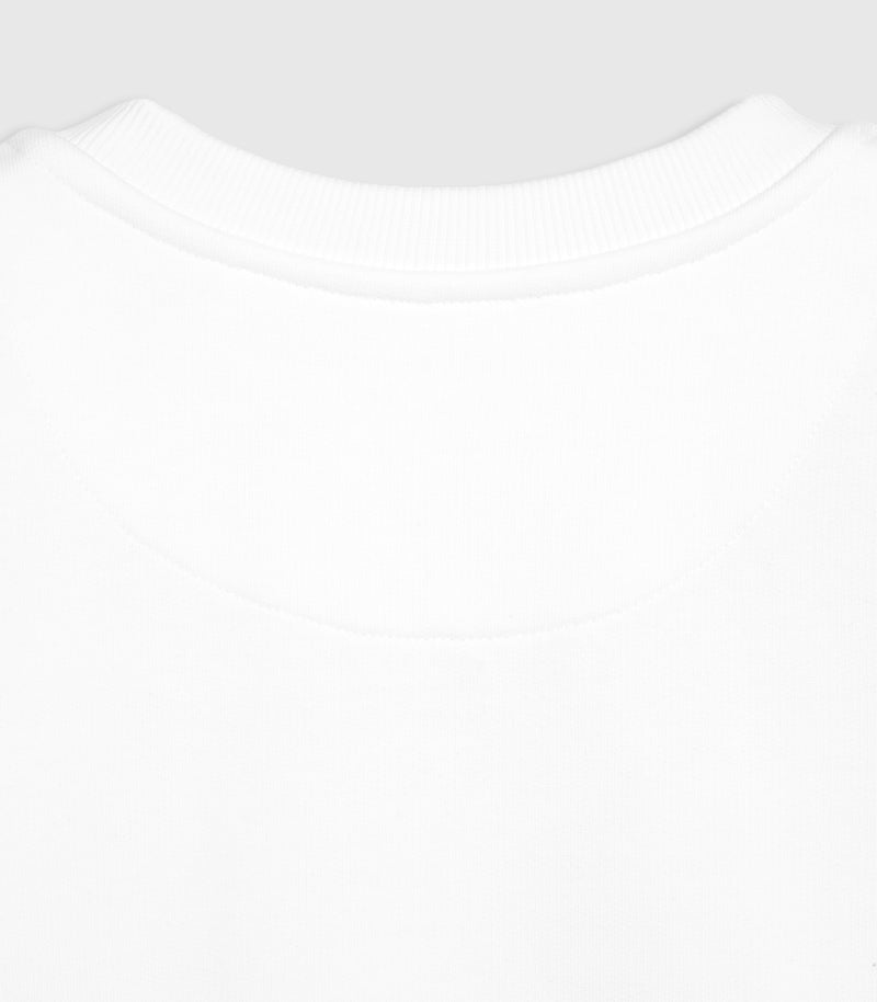 Close-up product view of the back of a white crewneck sweatshirt, showcasing the ribbed knit collar, clean tonal topstitching, and a curved half-moon fabric yoke reinforcement at the inner neck against a light grey background.