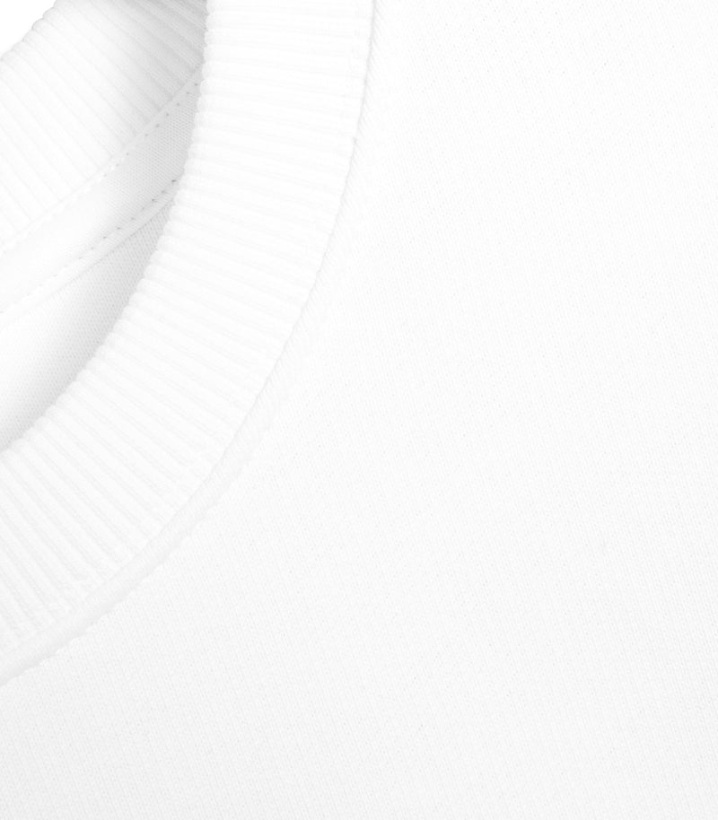 Close-up product view of a white crewneck sweatshirt, showcasing the fine knit texture of the premium cotton-blend jersey fabric, the structured ribbing on the collar, and the clean tonal topstitching along the neck seam.