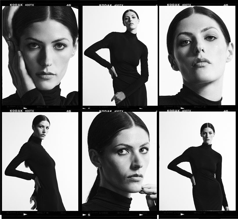 Black and white grid of a woman posing in various poses with a Kodak 400TX camera label.