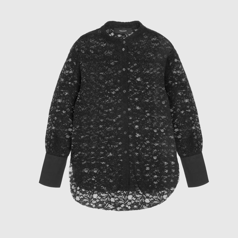 A black long-sleeve button-up blouse made of sheer floral lace, featuring solid black cuffs and a solid black collar, shown against a plain white background.