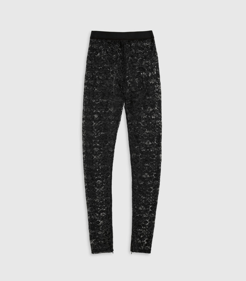 A back flat-lay view of the Frances black sheer floral lace leggings by Vera Wang, showcasing the intricate lace pattern, smooth elastic waistband, and a center back seam. The garment is photographed flat against a solid light gray studio backdrop.