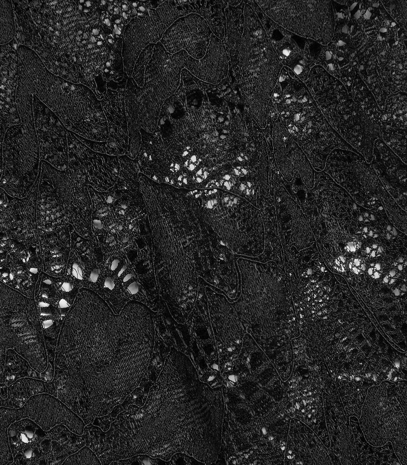 An extreme macro close-up of premium black lace fabric, highlighting the delicate textile composition. The shot showcases an intricate floral and scrollwork design, emphasising the subtle contrast between the densely corded, woven motifs and the sheer, openwork mesh netting that provides its translucent quality.