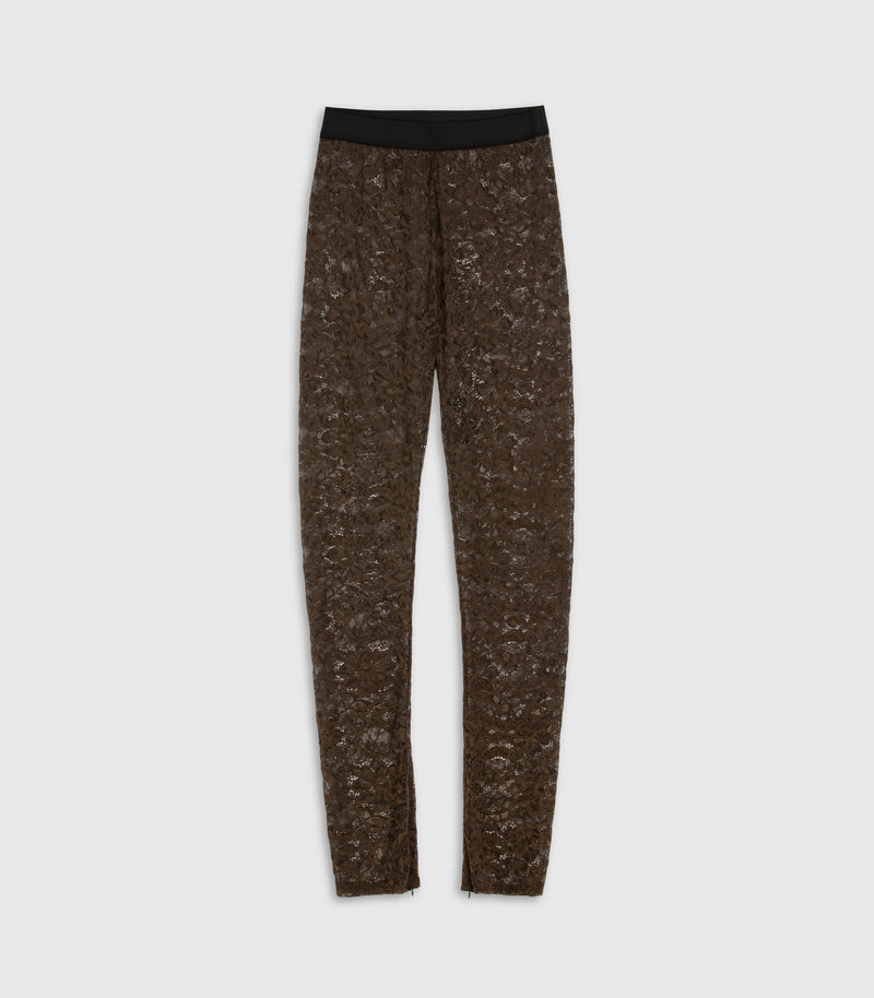 A pair of dark brown leggings with a textured, lace pattern and a solid black waistband, shown flat against a light gray background.