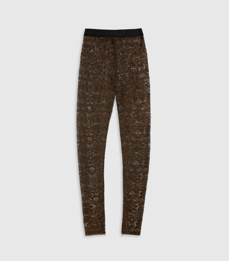 Dark brown lace sheer leggings with a thick black waistband on a light gray background.