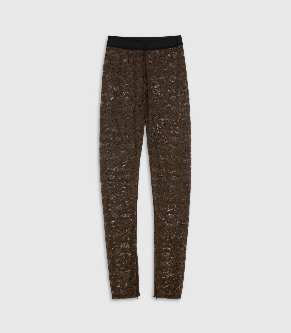 A pair of dark brown leggings with a textured, lace pattern and a solid black waistband, shown flat against a light gray background.