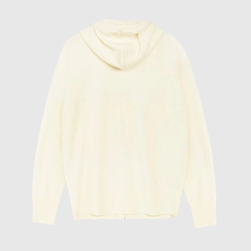 A cream-colored knit hoodie shown from the back, featuring a simple hood and long sleeves, set against a solid light gray background.