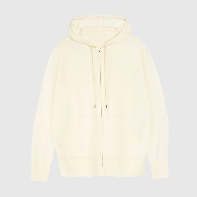 A cream-colored zip-up hoodie with a drawstring hood and front pockets, shown flat against a plain white background.