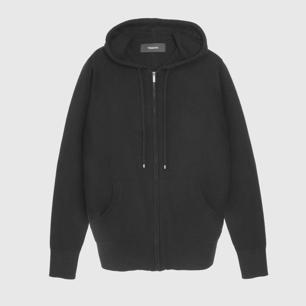 A black zip-up hoodie with a drawstring hood and kangaroo pockets, photographed flat against a white background.