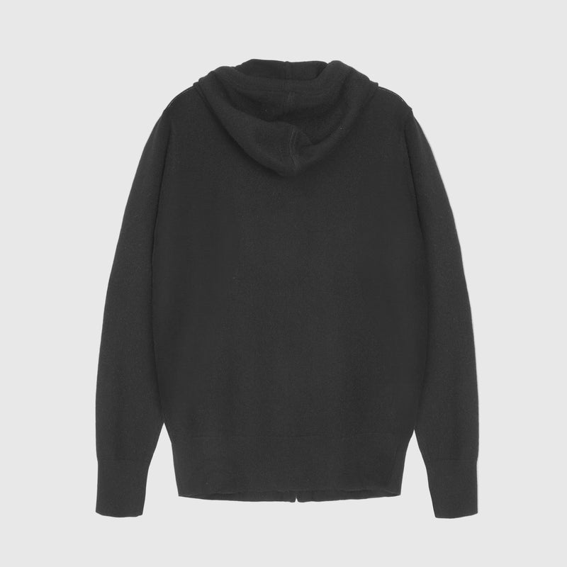 A black knit hooded sweater shown from the back, featuring a high draped hood and long sleeves, photographed against a plain white background.