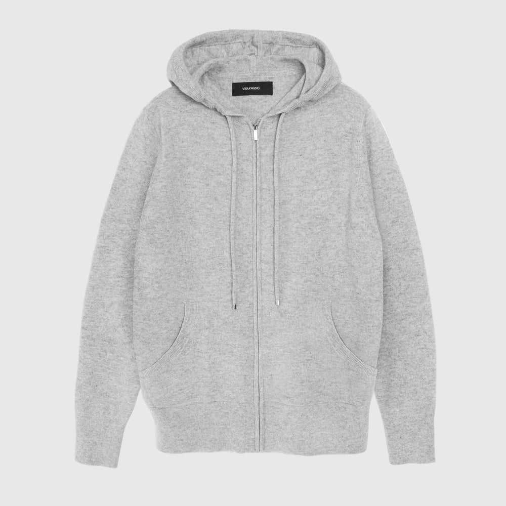 A light gray heather zip-up hoodie with a drawstring hood, silver zipper, and split kangaroo pockets, shown flat against a white background.
