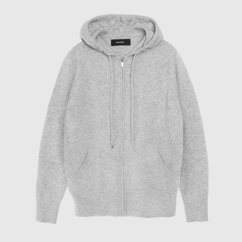 A light gray heather zip-up hoodie with a drawstring hood, silver zipper, and split kangaroo pockets, shown flat against a white background.