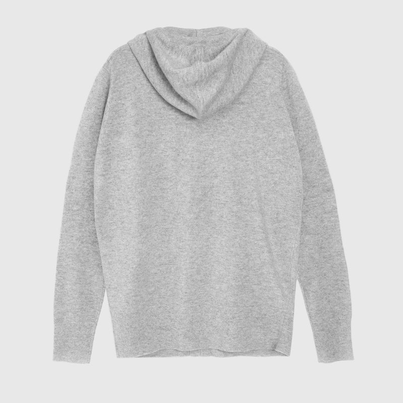 A light gray heathered knit hoodie with a draped, folded-over hood and long sleeves, shown flat against a plain white background.