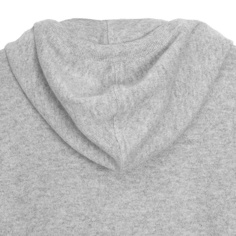 Close-up of a light gray heather knit hoodie showing the hood and ribbed neckline.