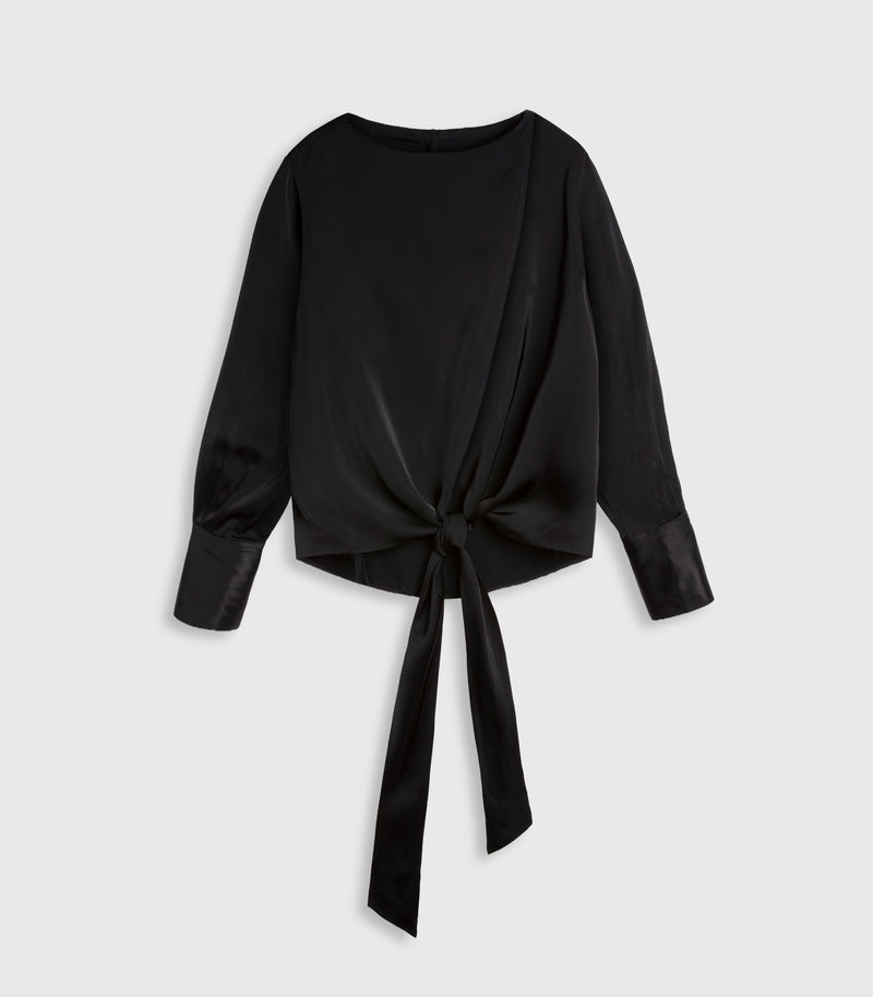 A black long-sleeve blouse with a draped wrap-style neckline and a front tie detail, shown against a light gray background.