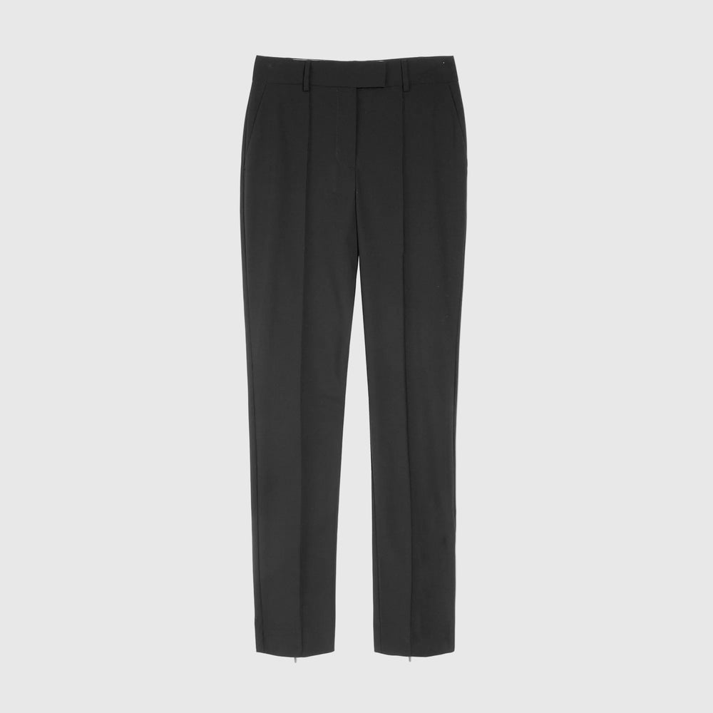A pair of black tailored trousers shown flat against a solid white background.