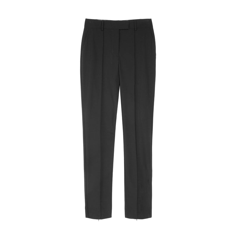 A pair of black tailored trousers shown flat against a solid white background.