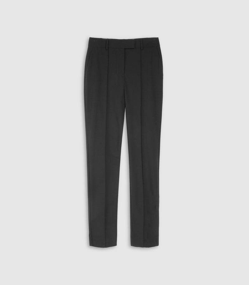 A pair of black tailored trousers shown flat against a light gray background.