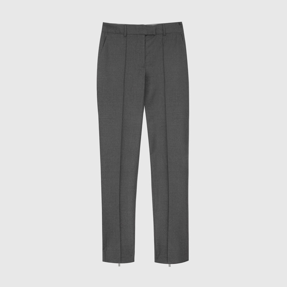 A pair of dark gray, straight-leg trousers shown flat against a solid white background.