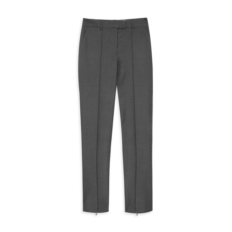 A pair of dark gray, straight-leg trousers shown flat against a solid white background.