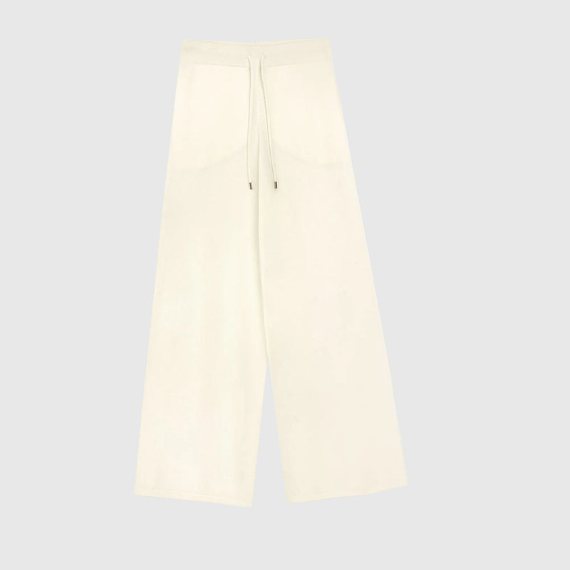 Off-white wide-leg pants with a drawstring waist, displayed flat against a solid white background.