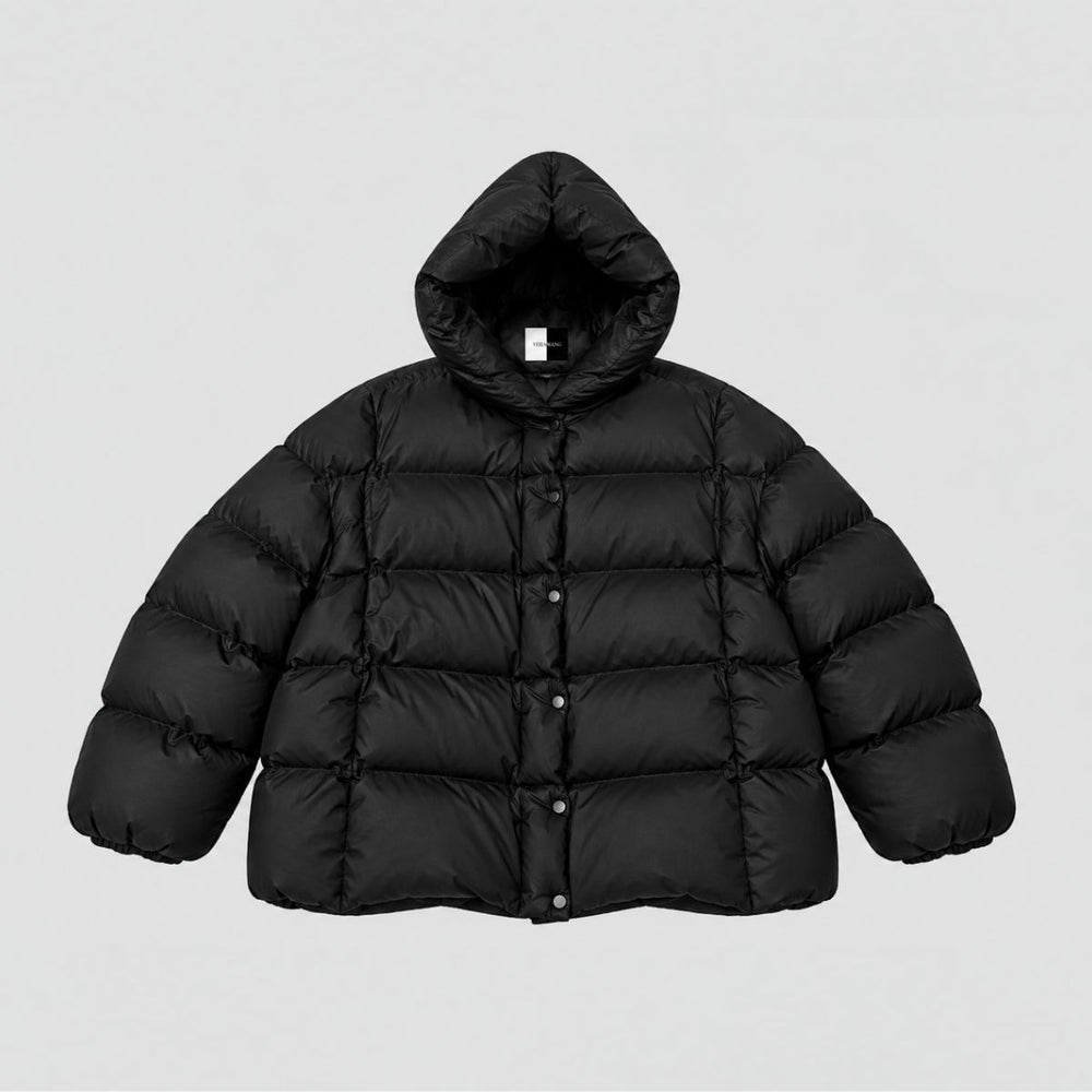A black hooded puffer jacket with horizontal quilting and snap-button front closure, photographed flat against a light gray background.
