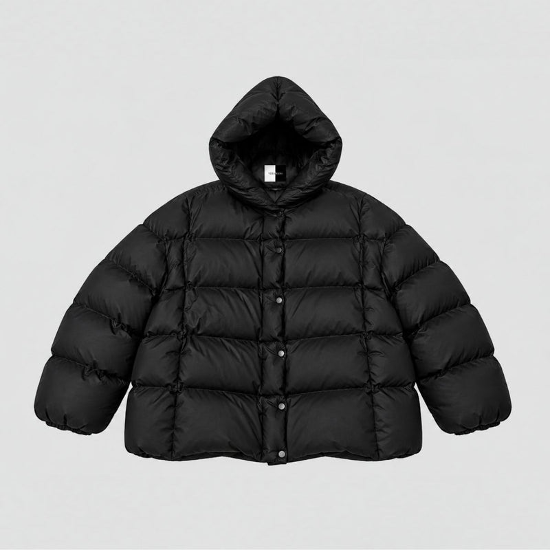 A black hooded puffer jacket with horizontal quilting and snap-button front closure, photographed flat against a light gray background.
