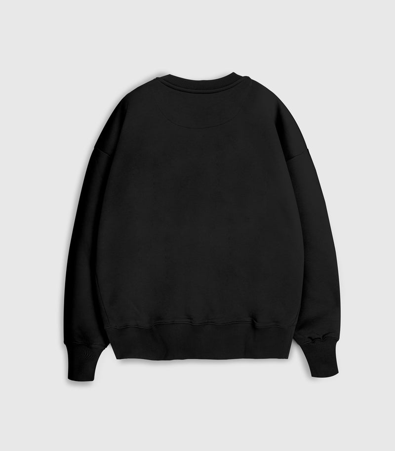 A black crewneck sweatshirt against a white background.