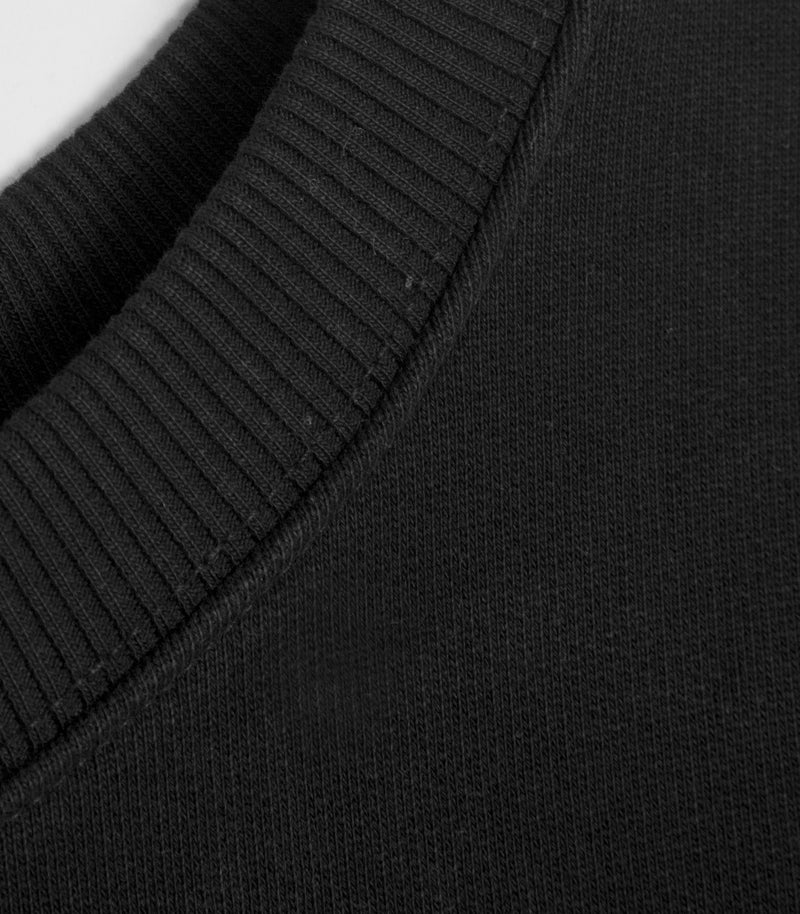 A detailed shot of the neckline of a black sweatshirt.