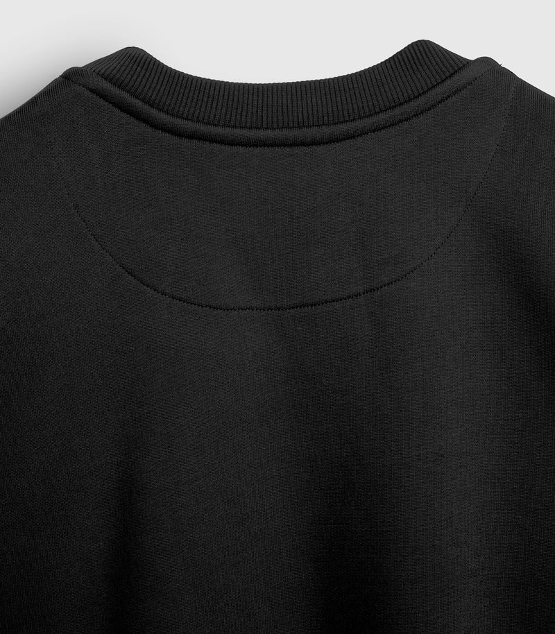 A detailed shot of the stitching on the back of a black crewneck sweatshirt, against a white background.