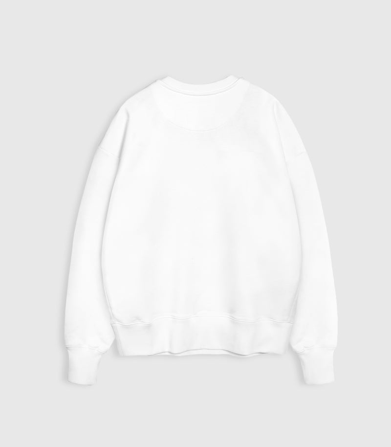 A white crewneck sweatshirt against a white background.