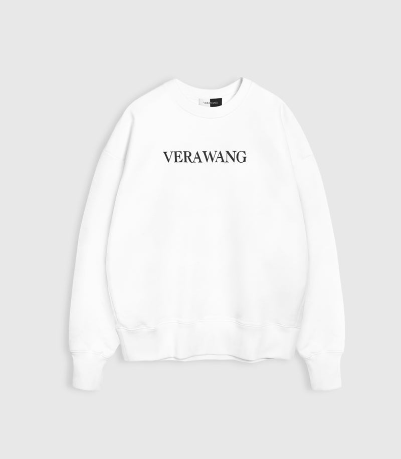 A white crewneck sweatshirt with a black 'VERA WANG' spell-out logo across the chest, against a white background.