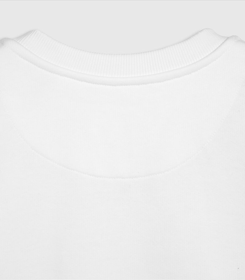 A detailed shot of the stitching on the back of a white crewneck sweatshirt, against a white background.