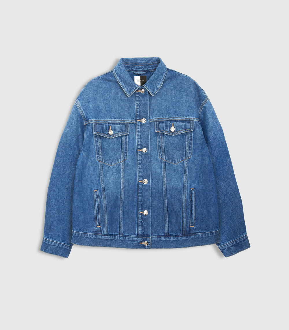 A classic blue denim jacket with a button-up front, two chest flap pockets, and two lower hand-warmer pockets, shown flat on a light gray background.