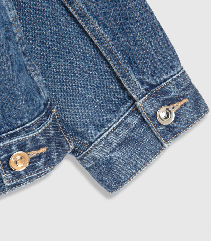 Close-up of a blue denim garment showing the cuff of the sleeve with a buttoned tab and metal button on a light gray background.