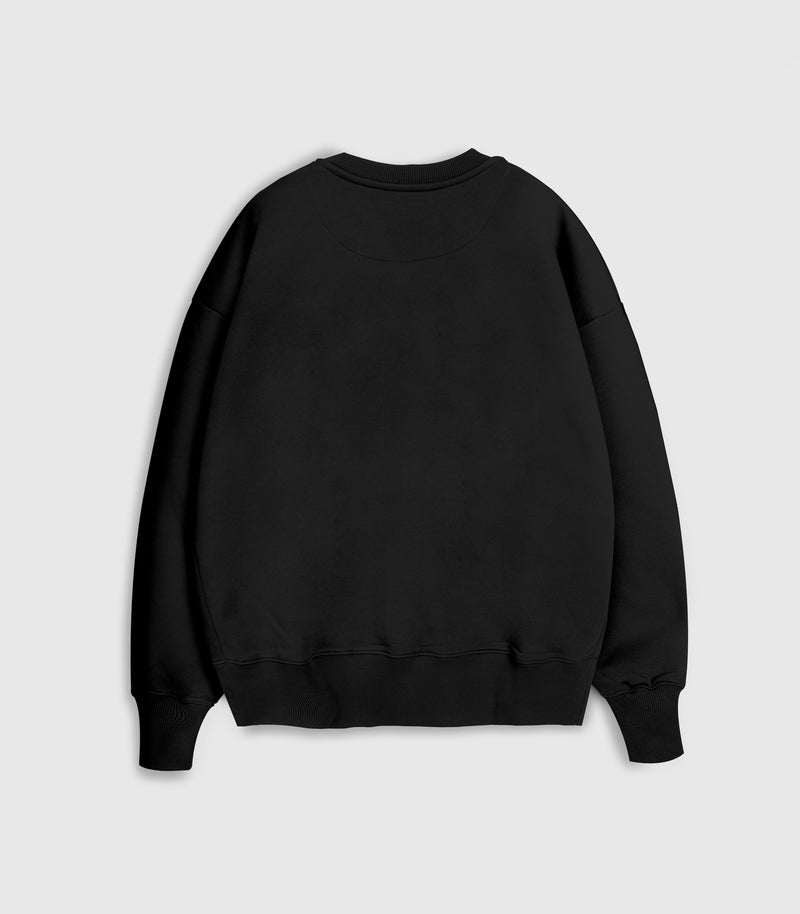A black crewneck sweatshirt against a white background.
