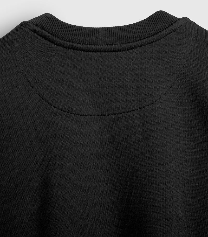 A detailed shot of the stitching on the back of a crewneck sweatshirt, against a white background.