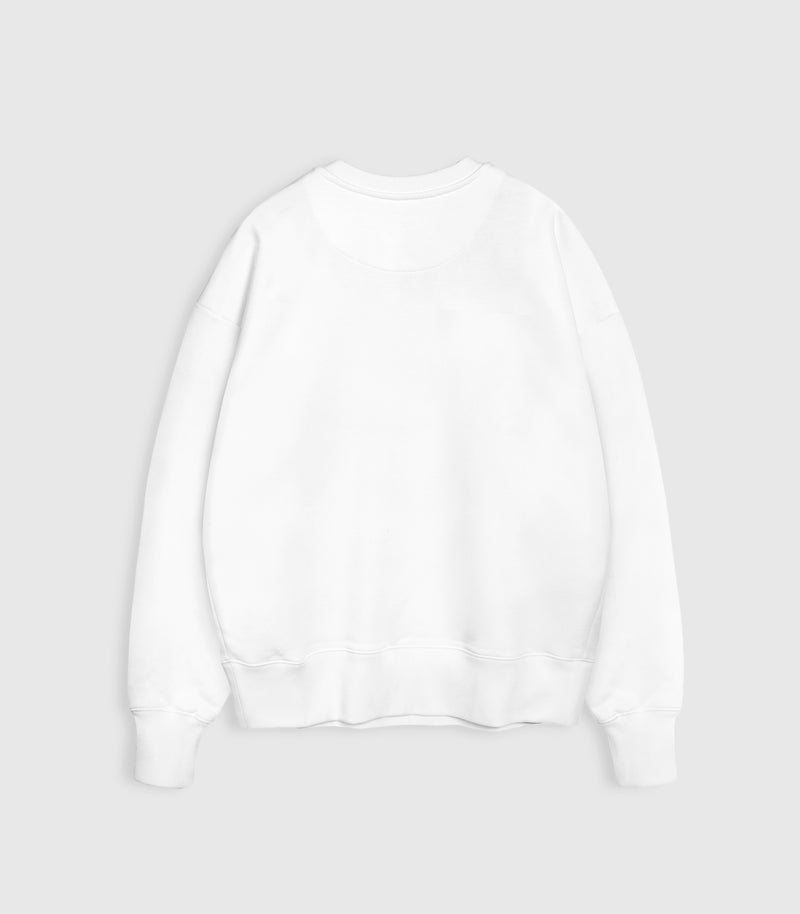 Flat lay product back view of an oversized white crewneck sweatshirt, complete with ribbed cuffs and hem against a light grey background.